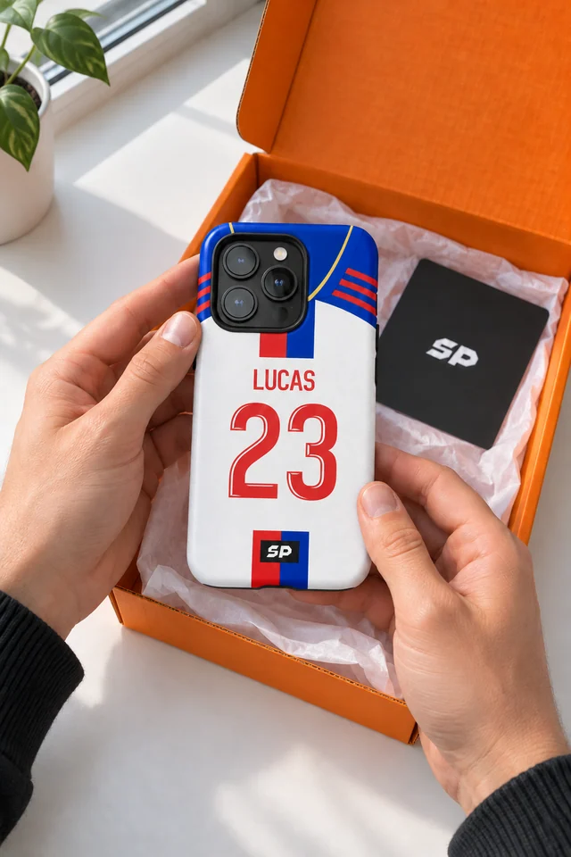 Mise en scène du déballage d’une coque Lyon SP Lucas 23 dans un colis orange
