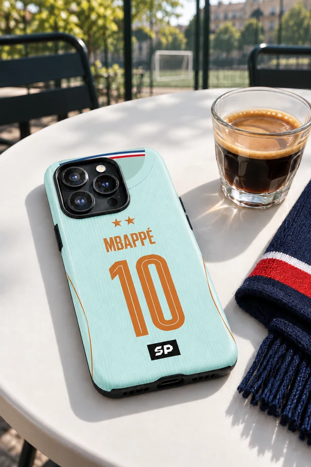 Mise en scène d’une coque France SP Mbappé 10 sur une table de café